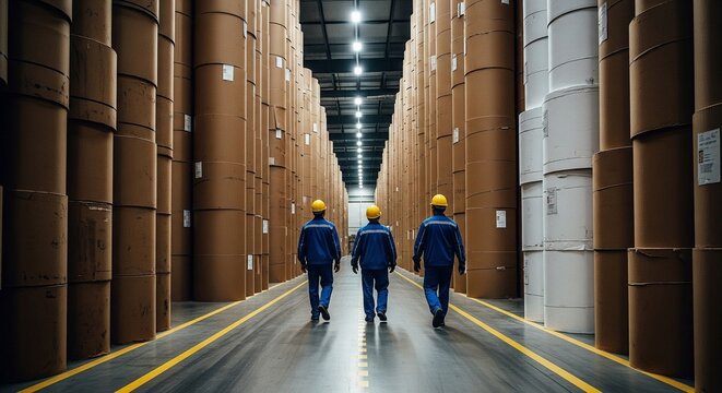 Workers in Hard Hats Walking Through a Large Warehouse Storing Rows of Giant Paper Rolls