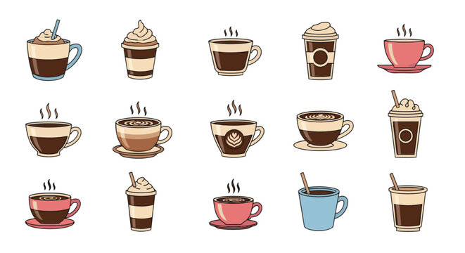 Collection of Various Hot Coffee and Tea Cups with Steam.
