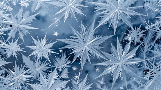 79. A dramatic photorealistic abstract background of intricate ice crystal formations on a window pane, fractal-like patterns creating natural lacework, cool blue undertones with white frost detail, m