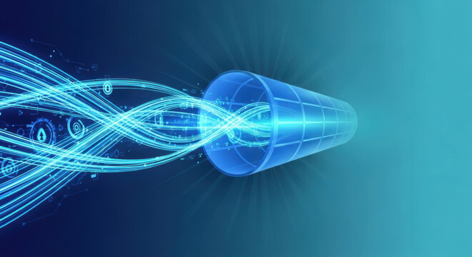Digital data streams flowing through a glowing futuristic tunnel with binary code elements