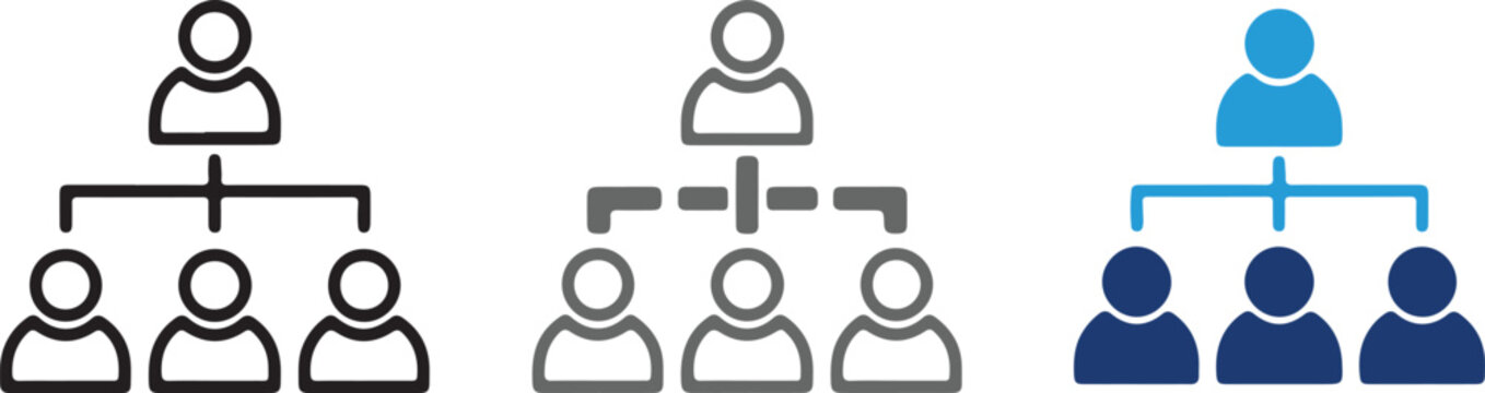 Hierarchical organizational chart icon set with leader and team members, hand-drawn vector illustration for business management, corporate structure, and teamwork concept on transparent background.