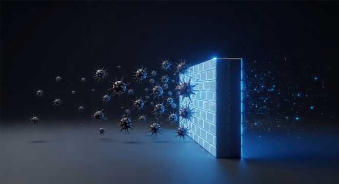 Viruses blocked by glowing cybersecurity firewall digital concept with blue light