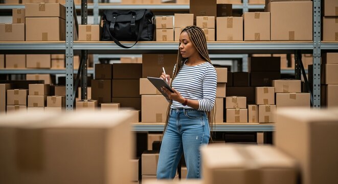 Young Woman Entrepreneur Using Digital Tablet to Manage Inventory in a Warehouse Full of Cardboard