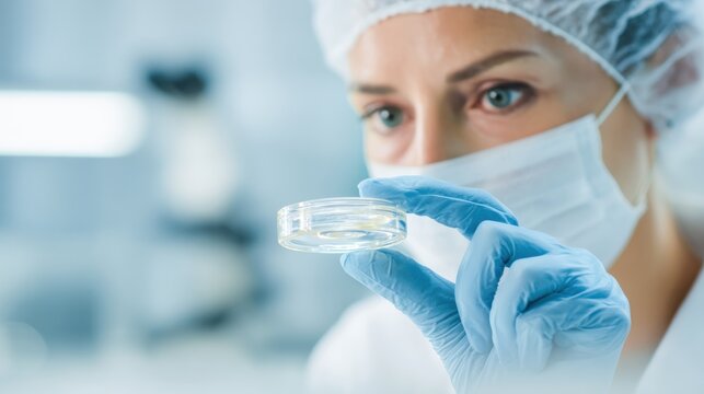 Eye bank technician handles cornea preservation jar in laboratory setting