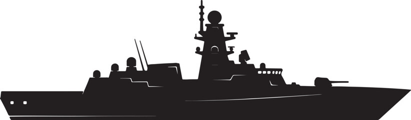 Black silhouette of a naval warship with detailed structures also transparent background, military © MeJaMa