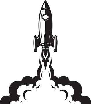 Black and white retro rocket launching with flames and smoke also transparent background