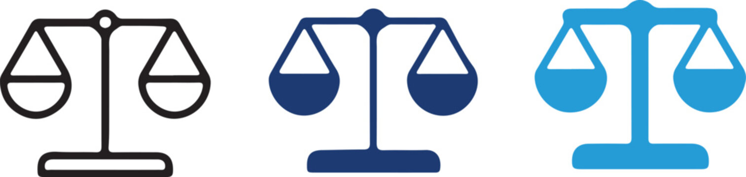 Hand drawn vector illustration of justice balance scales icon set in black, dark blue, and light blue variations with transparent background design