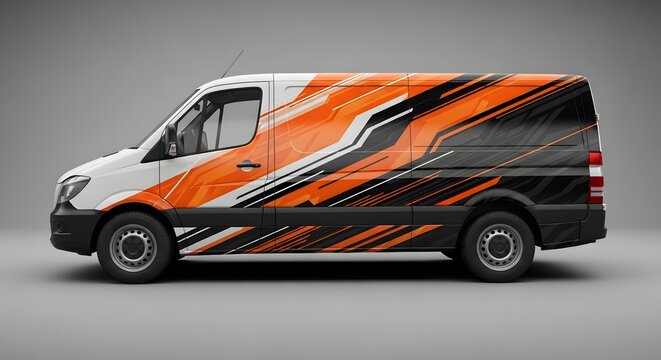 Dynamic car mockup orange black van wrap design for branding advertising