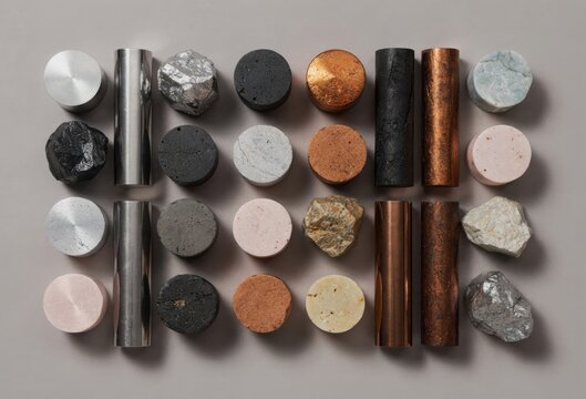 Diverse collection of geometric mineral elements and metallic cylinders arranged on a subtle gray surface highlighting textures and intriguing compositions with artistic appeal
