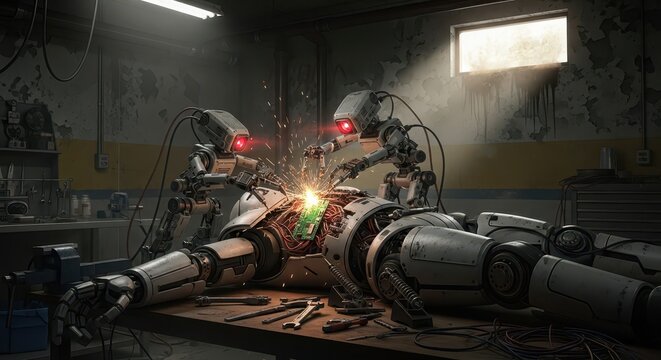 Two industrial robotic assistants perform maintenance and repair work on a larger humanoid machine within a workshop setting.