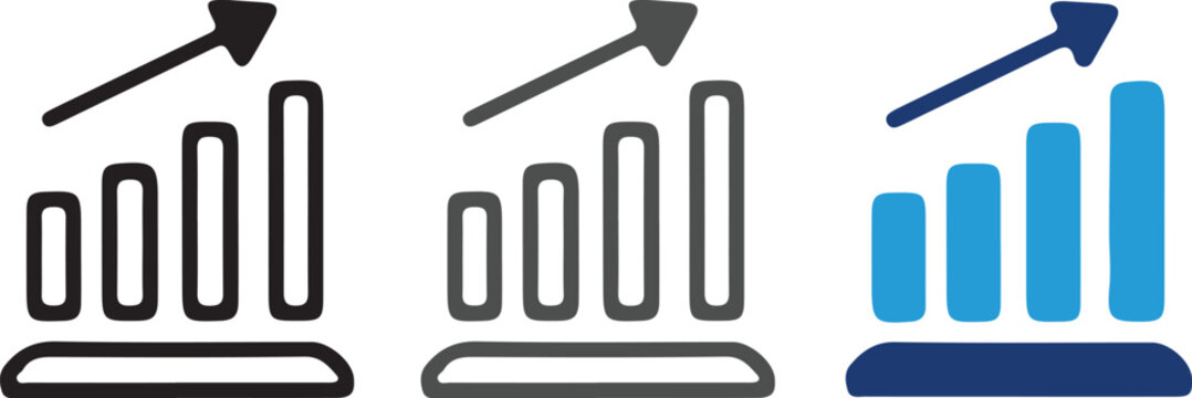 Vector set of financial growth bar charts with upward arrow in three styles, success progress business graph icon for data analysis and investment.