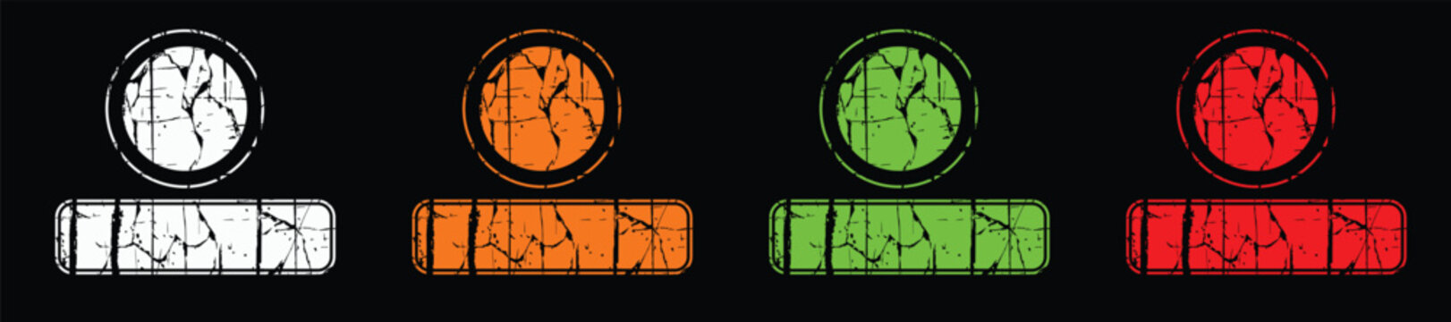 Set of four grunge style buttons in white, orange, green and red colors with circular and rectangular shapes