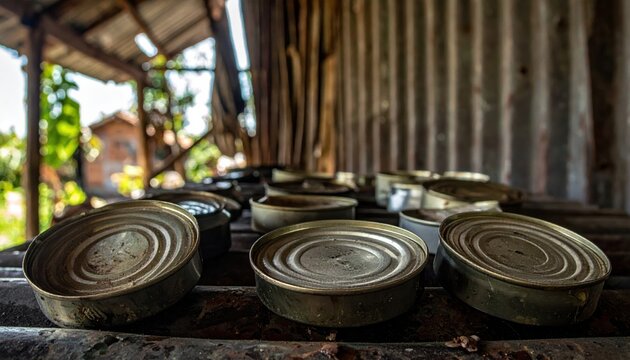 A collection of flattened and dented metal tin cans salvaged from a makeshift shed, showcasing the harsh realities of survival and the creative repurposing of discarded industrial materials.