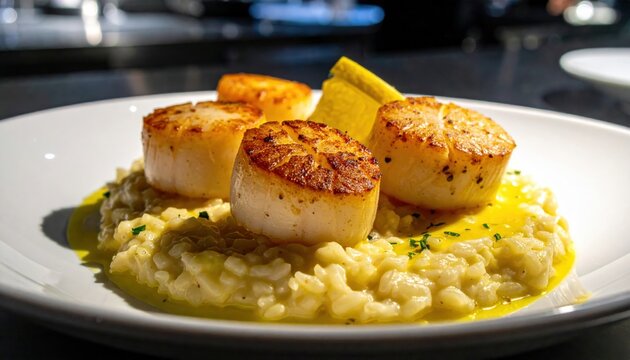 Golden pan seared scallops served over a bed of creamy risotto with a fresh lemon garnish on a plate.