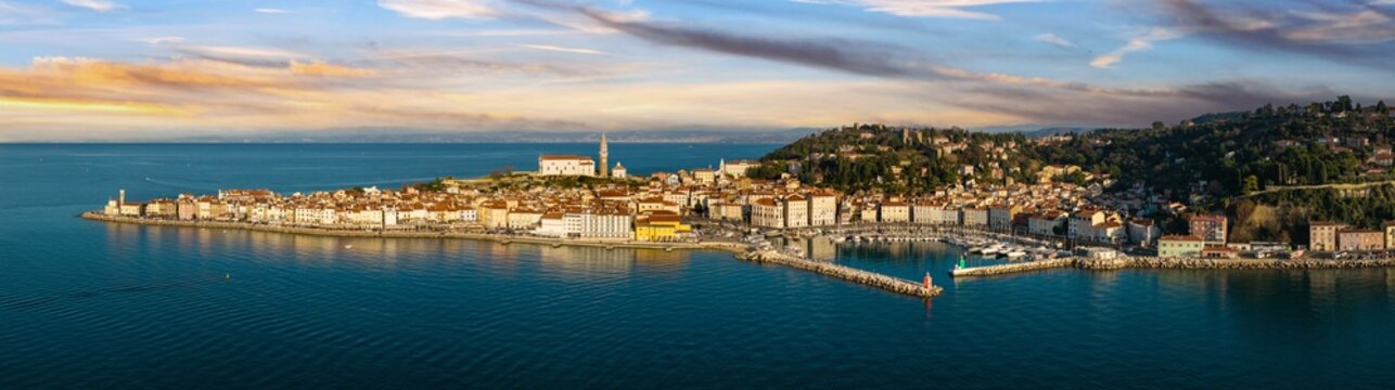 Piran Slovenia Ultra-Wide 16K Panorama: Aerial View of the Peninsula, Old Port and Historic Town, Venetian Gothic Architecture and Adriatic Sea Coastline, Mediterranean Aesthetics High Resolution