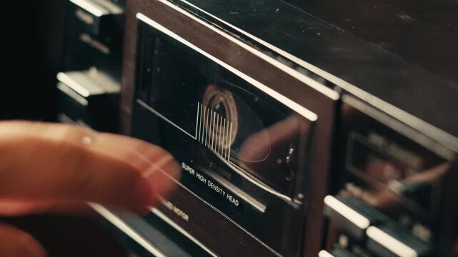 Retro radio tape recorder, audio cassette close-up. Listening to music, old radio boom box player, macro of vintage music listening. 