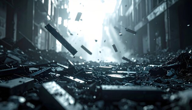 Jagged metallic shrapnel and debris scattered across a dark urban street after a massive explosion, with sharp fragments floating in the dusty light of a ruined post apocalyptic cityscape.