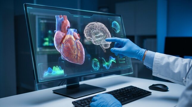 A medical professional analyzes a human heart and brain on a computer screen.