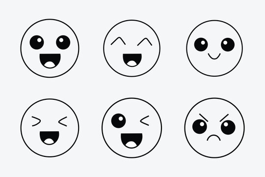 Kawaii emoji face icons set, cute cartoon emoticon characters with happy and angry expressions, 6 vector line art smileys for social media