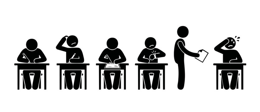 Students Taking Exam Stress Icon Set - People Sitting at Desks Writing Test, Feeling Anxious, Checking Time, and Handing in Paper. Education Classroom Assessment Concept with Stick Figures Illustratio