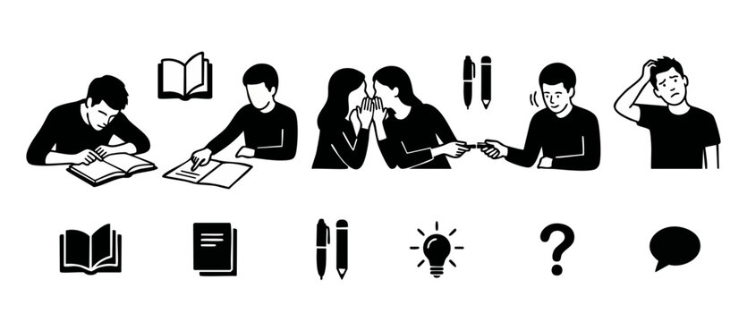 Students studying and learning icons set, reading books, whispering secrets and confused character, vector black and white line art collection for education, academic research, and classroom activitie