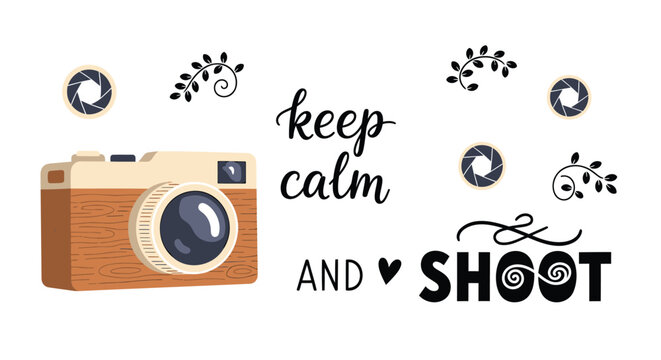 Retro camera, photography icons, keep calm typography, vintage photography elements, illustration set