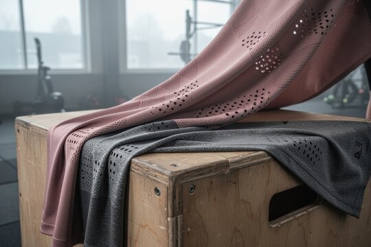 Sportswear fabric draped on wooden plyo box showing perforated texture and folds