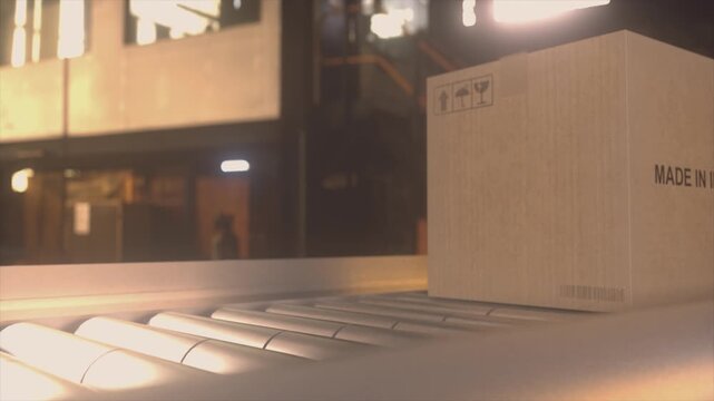Cardboard Package Marked Made In India On Factory Conveyor
