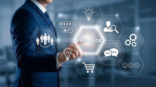 businessman interacting with feedback icons in futuristic hexagon layout high quality