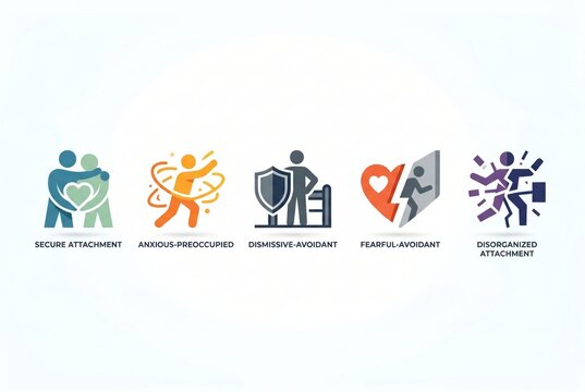 Visual Representations of Attachment Styles Illustrating Secure Attachment, Anxious Preoccupied, Dismissive Avoidant, Fearful Avoidant, and Disorganized Attachment Dynamics