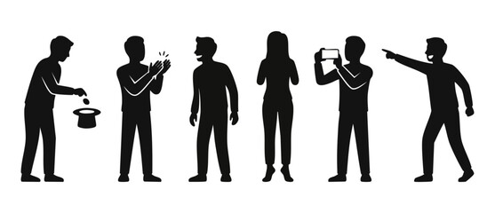 People silhouettes set performing daily activities isolated on white background, including magic trick, clapping, laughing, standing, using smartphone and pointing, flat vector graphic design illustra © Fernando