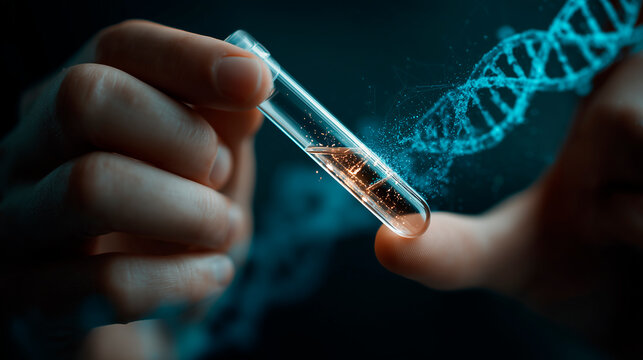 Hands holding genetic saliva test kit for DNA analysis with hologram