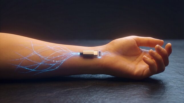 Close-up of human arm with glowing data streams from connector, illustrating digital integration and human augmentation.