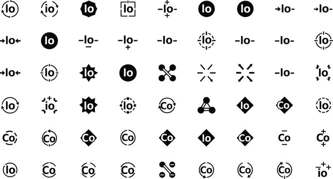 Circular logo elements combined with alphanumeric characters represent a stylized collection of digital branding marks.