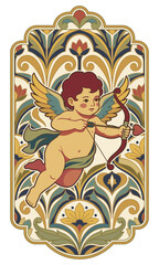 Obraz premium Love's Arrow: A celestial cherub, arrow nocked and ready, amidst a tapestry of floral elegance, embodies the spirit of affection and romance. 