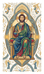 Obraz premium Sacred Illustration: A regal representation of a central figure, exuding an aura of serene authority, framed within an intricate, ornate border, embellished with symbolic elements.