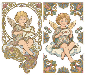 Obraz premium Celestial Messenger: In this illustration, a charming cupid, perched gracefully upon a cloud, delicately clutches a heart-embossed letter, ready to deliver a message of affection.