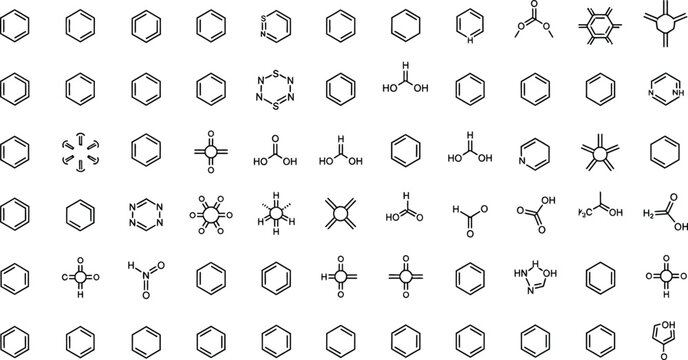Chemical structures demonstrate various hexagonal rings and molecular configurations depicted in a clean technical icon set.