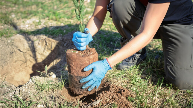 Planting cypress sapling in dry soil during reforestation project. Volunteer in blue gloves holding young tree with root ball for garden restoration.