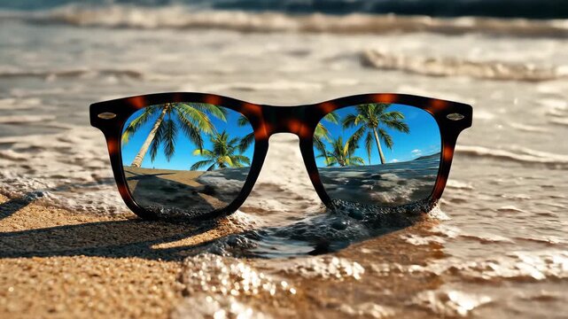 Closeup of tortoise sunglasses lying on the sand with tropical palm tree reflection in the lenses while ocean waves wash over them during a summer vacation