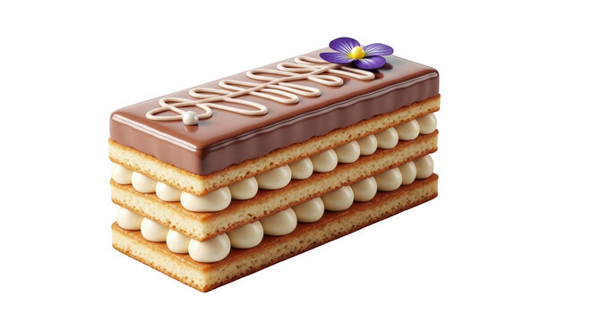 Rectangular layered opera cake with chocolate ganache topping, white cream filling, and a small purple flower, isolated on transparent background