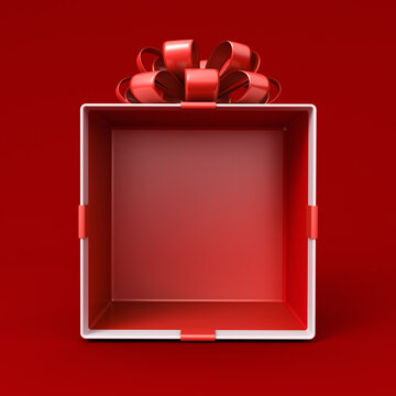 Blank gift box mockup exhibition booth products display stand showcase or opened present box tied with red ribbon bow isolated on dark red background with shadow creative idea conceptual 3D rendering