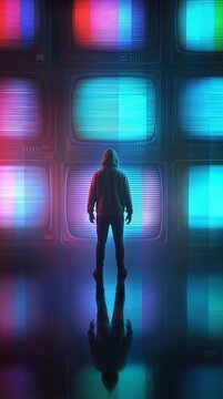 Hooded figure standing before wall of vintage television screens with static and color bars. Person observing retro media technology in dark room.