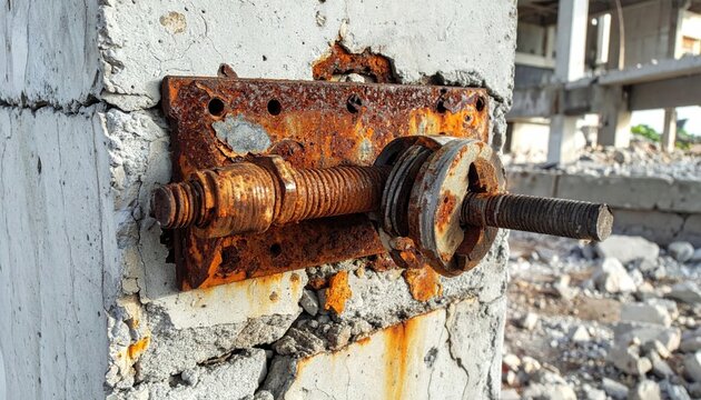 A heavily corroded and warped metal hinge remains partially embedded within a weathered concrete wall, showcasing the relentless effects of time and oxidation on abandoned industrial hardware.