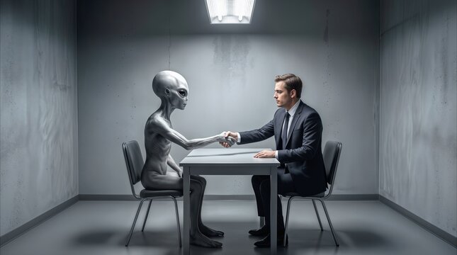 Businessman shaking hands with grey alien in interrogation room. Diplomatic meeting or secret agreement between human and extraterrestrial in sterile office setting.