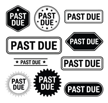 Past due overdue stamp vector collection, red ink payment warning seals including late notice, unpaid invoice marks, and billing alerts for finance, accounting, and business documentation design