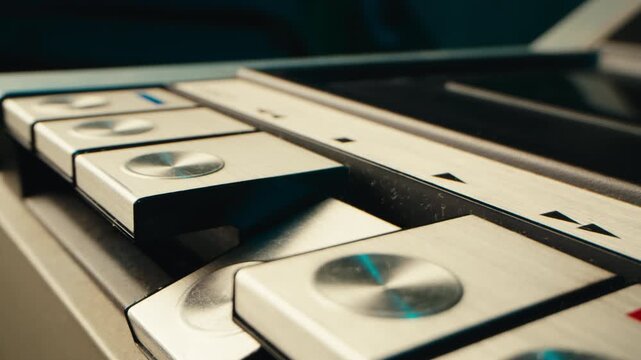 Retro radio tape recorder, audio cassette close-up. Listening to music, old radio boom box player, macro of vintage music listening. 