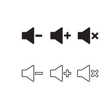 Speaker Volume Control Icon Set - Mute, Volume Up, and Volume Down Symbols in Glyph and Line Styles