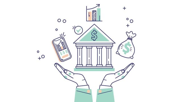 Minimalist vector illustration of hands holding a bank building representing financial security and investment growth concepts