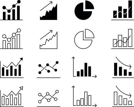 Collection of black and white data analysis and business chart icons